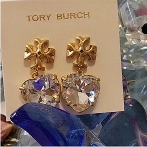 Tory Burch Gold and Crystal Heart Earrings